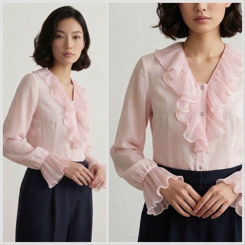 VTG 70s Pink Ruffle Blouse‎ Pearl Trim Plisse Victorian Regency Romance Coquette